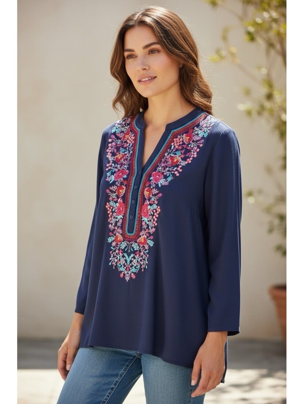 Women's Floral Embroidered Long Sleeve Rayon Top Roll Tab See Meas. BOHO